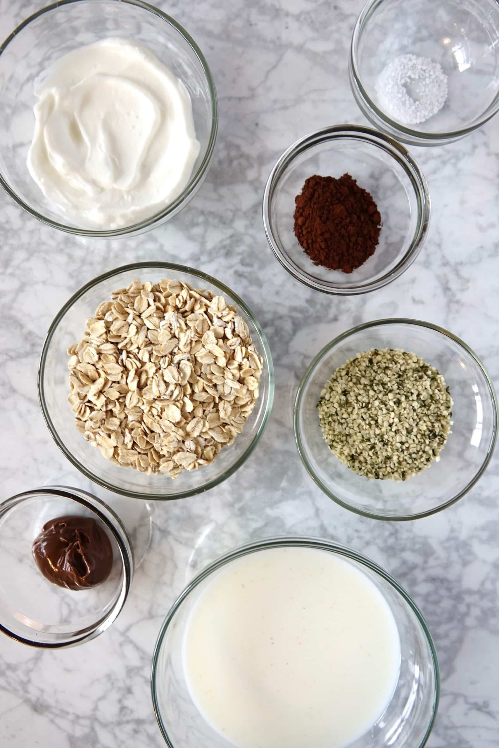 Overhead view of the ingredients needed to make Nutella overnight oats