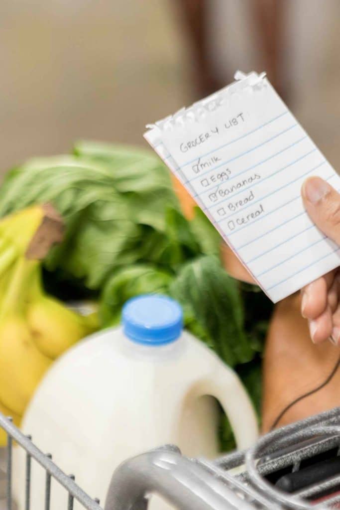 Small grocery list written on note pad, being held over a grocery cart with milk, greens and bananas.