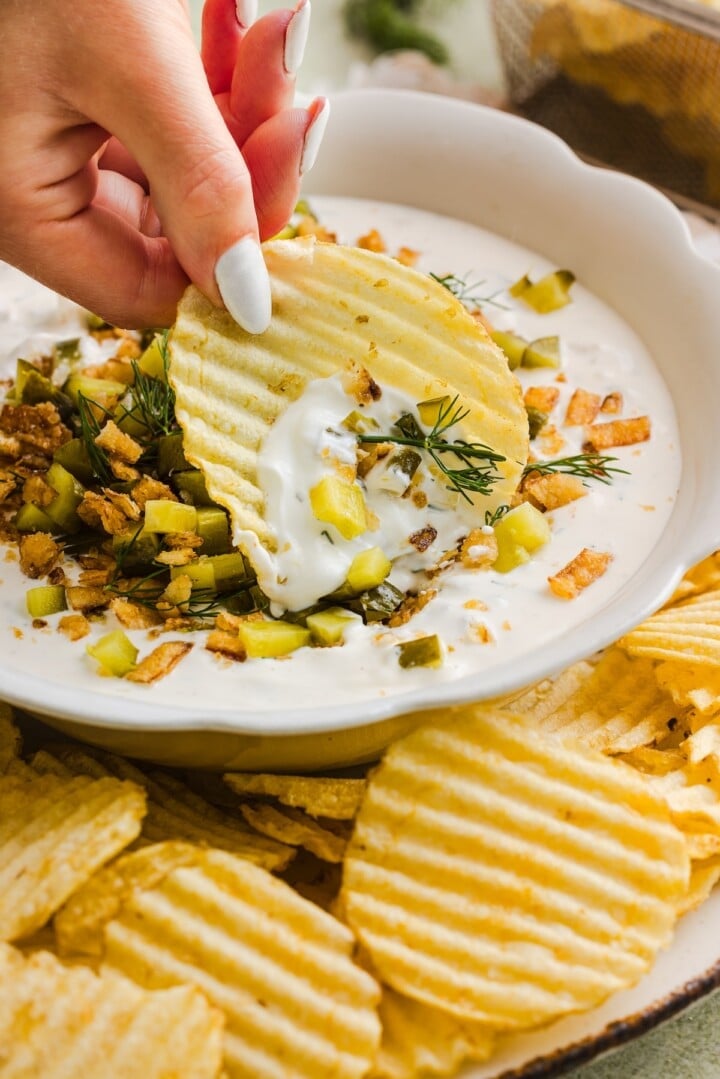 Protein Fried Pickle Dip with greek yogurt in a small bowl.