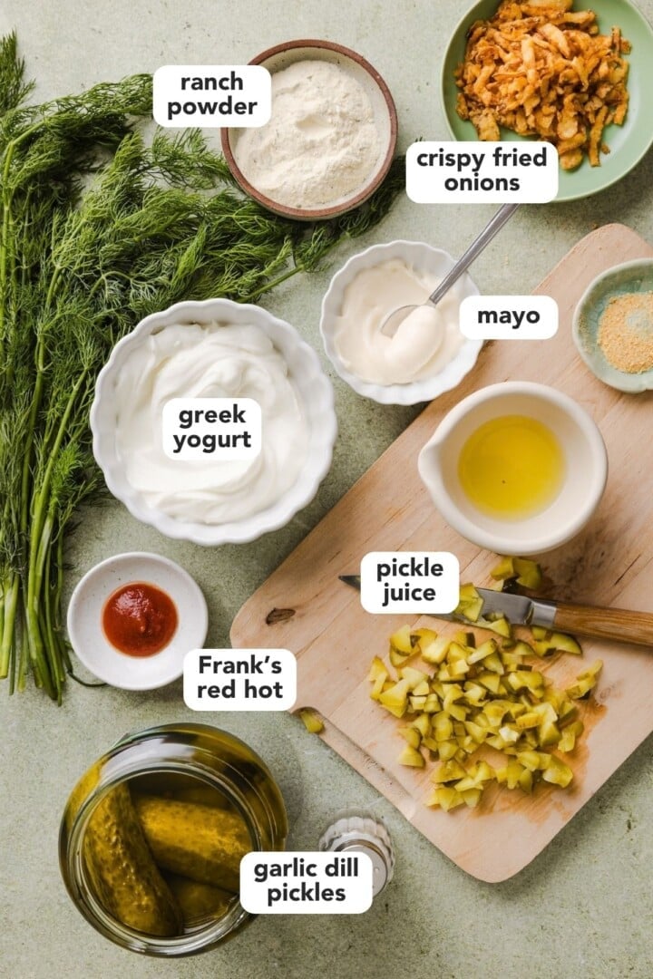 Ingredients for high protein fried pickle dip with greek yogurt.