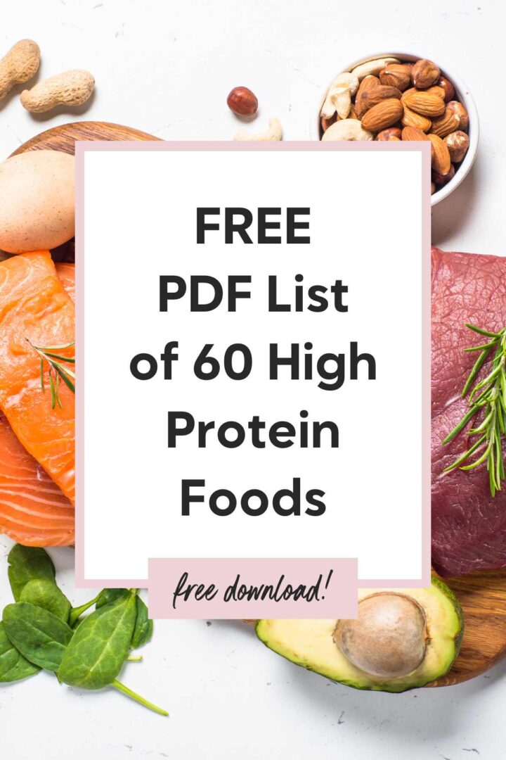 Graphic with a photos of high protein foods with text over top stating "Free PDF List of 60 High Protein Foods"
