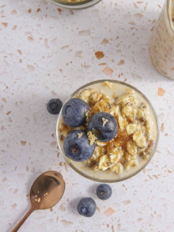 overhead shot of brown sugar overnight oats on a kitchen counter