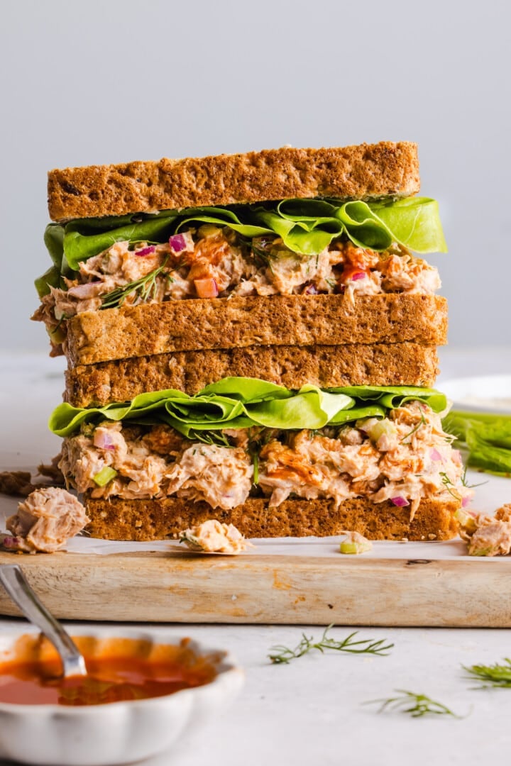 Buffalo tuna salad in a sandwich.