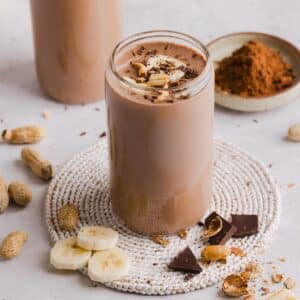Chocolate peanut butter protein smoothie with bananas and peanut butter.