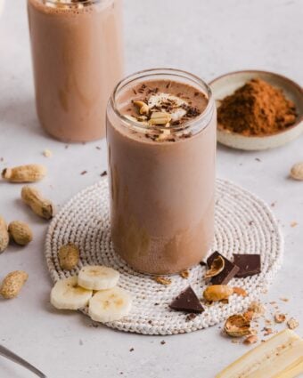 Chocolate peanut butter protein smoothie with bananas and peanut butter.