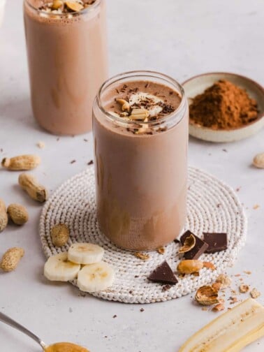 Chocolate peanut butter protein smoothie with bananas and peanut butter.