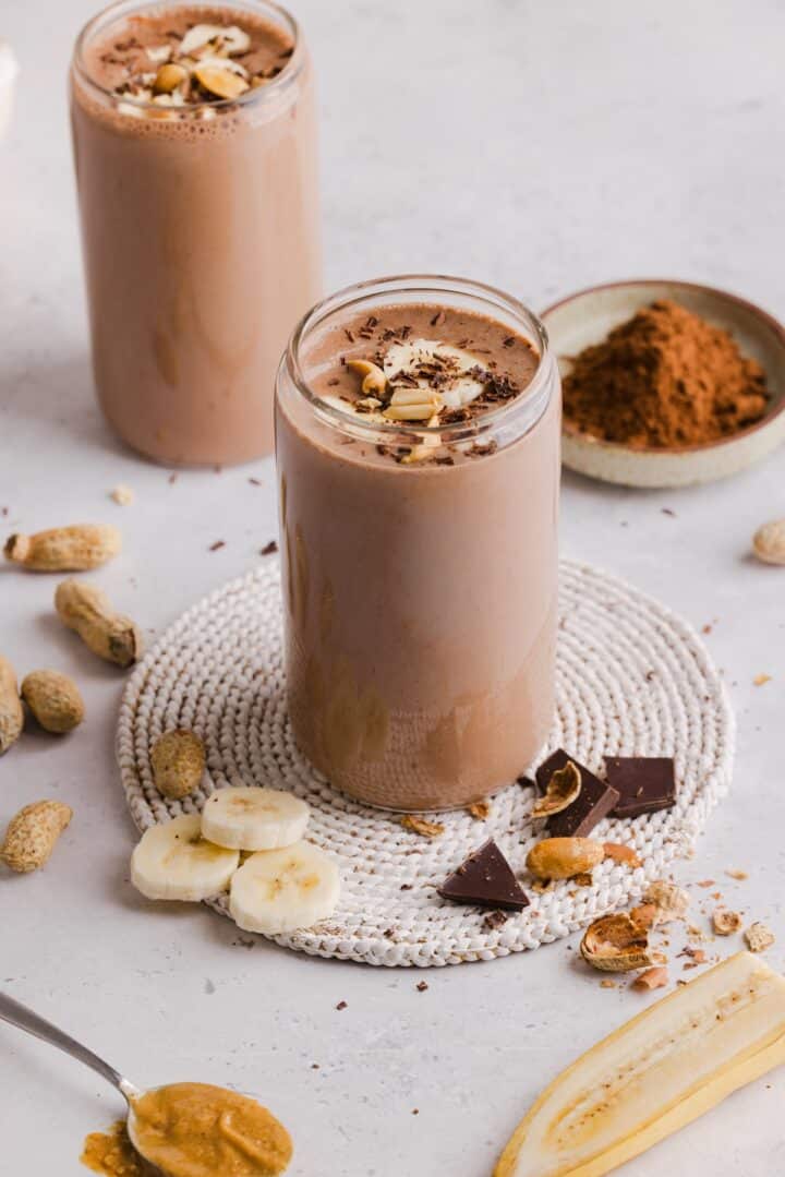 Chocolate peanut butter protein smoothie with bananas and peanut butter.