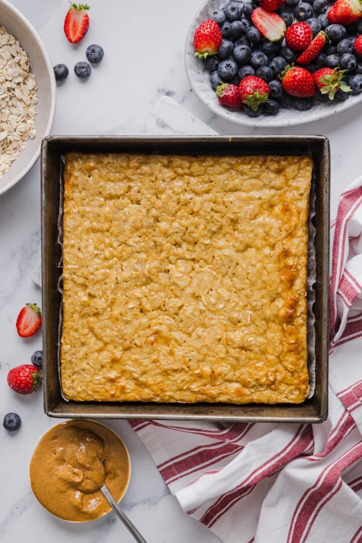 Cooked protein baked oatmeal in a baking pan.