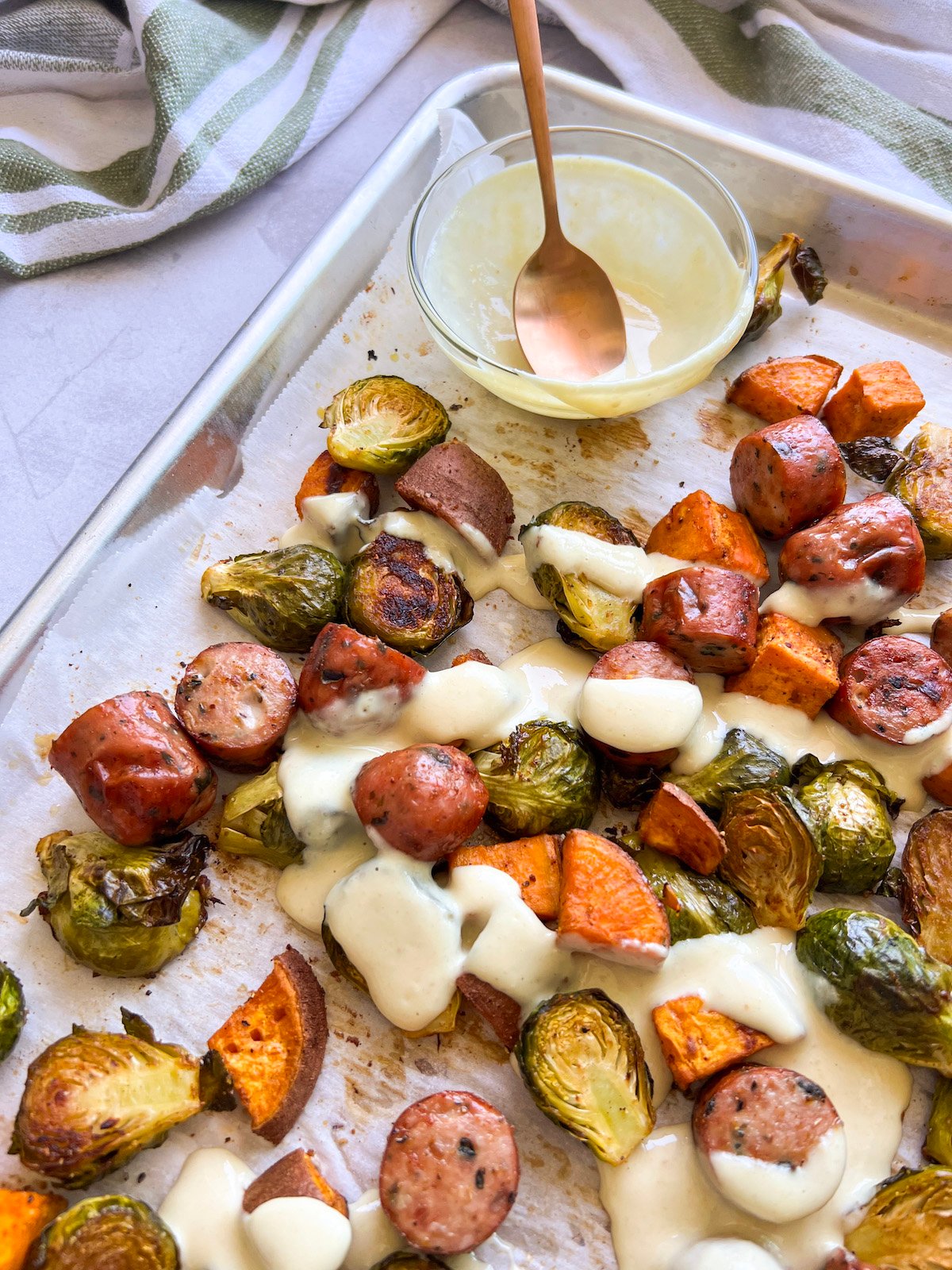 Chicken Sausage Sheet Pan Dinner With Yogurt Honey Mustard