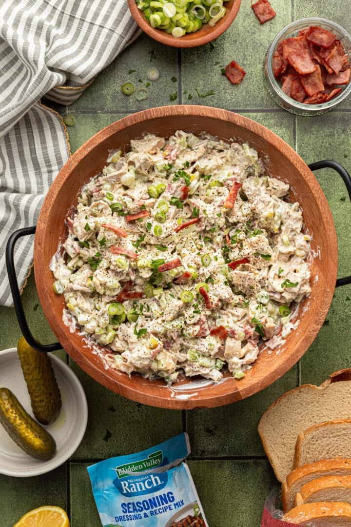 Ranch chicken salad in a large wooden bowl.