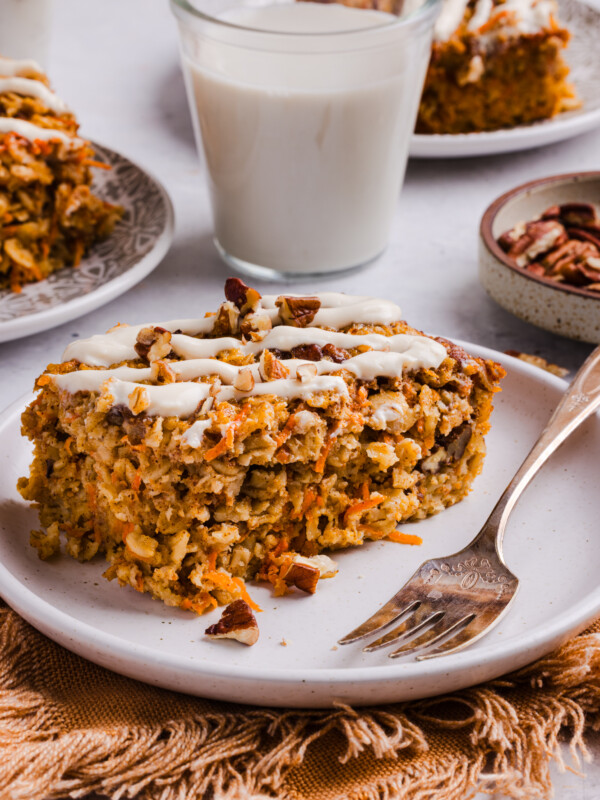Carrot cake baked oatmeal on a white plate.