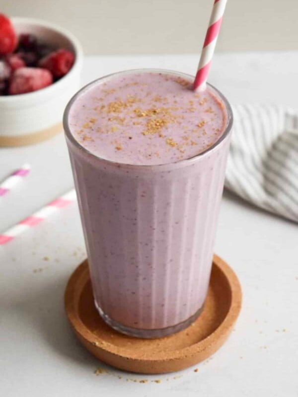 Cottage cheese protein shake without protein powder on a white kitchen counter