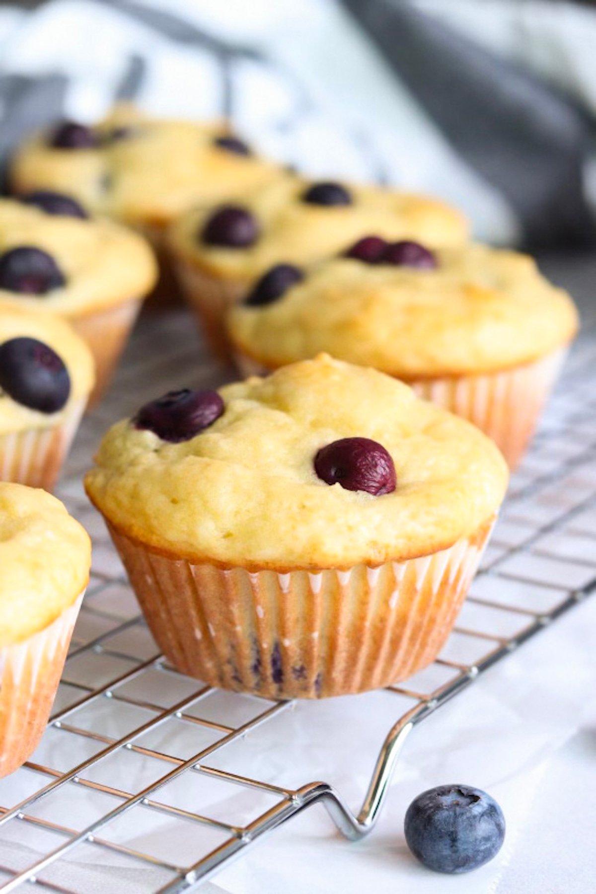 High protein blueberry muffins on a wire rack on a white kitchen counter