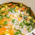Large pot with ground turkey vegetable soup inside