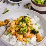 White bowl with rice and orange chicken