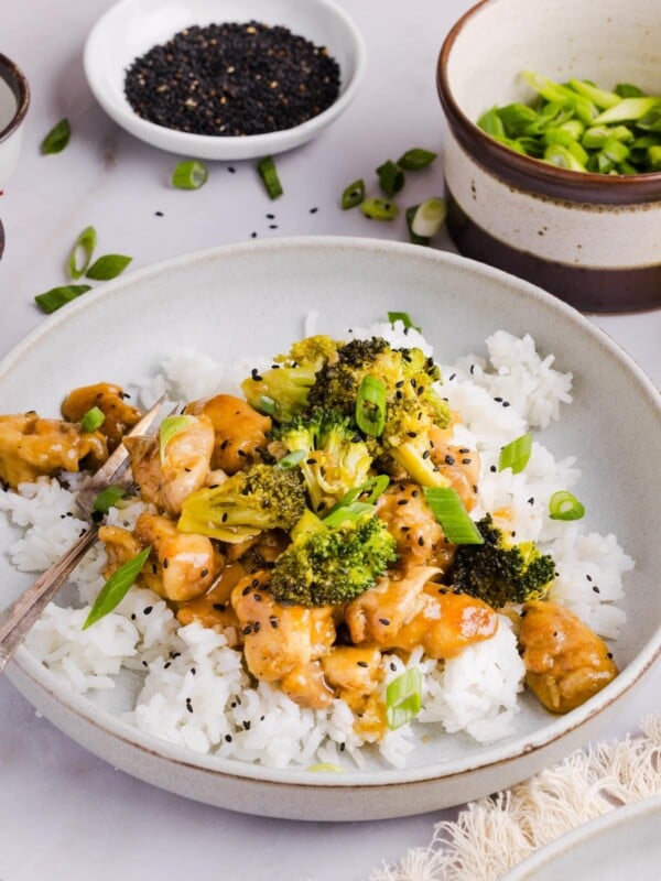 White bowl with rice and orange chicken