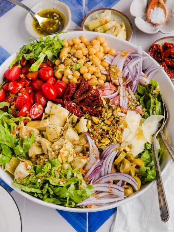 Chopped antiopasto salad in a bowl, unmixed