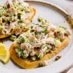 Cottage cheese chicken salad on two slices of toast