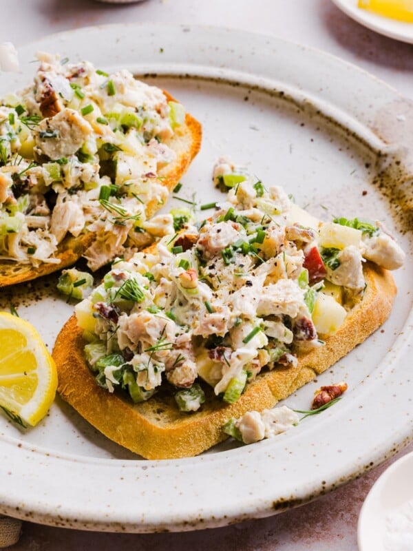 Cottage cheese chicken salad on two slices of toast