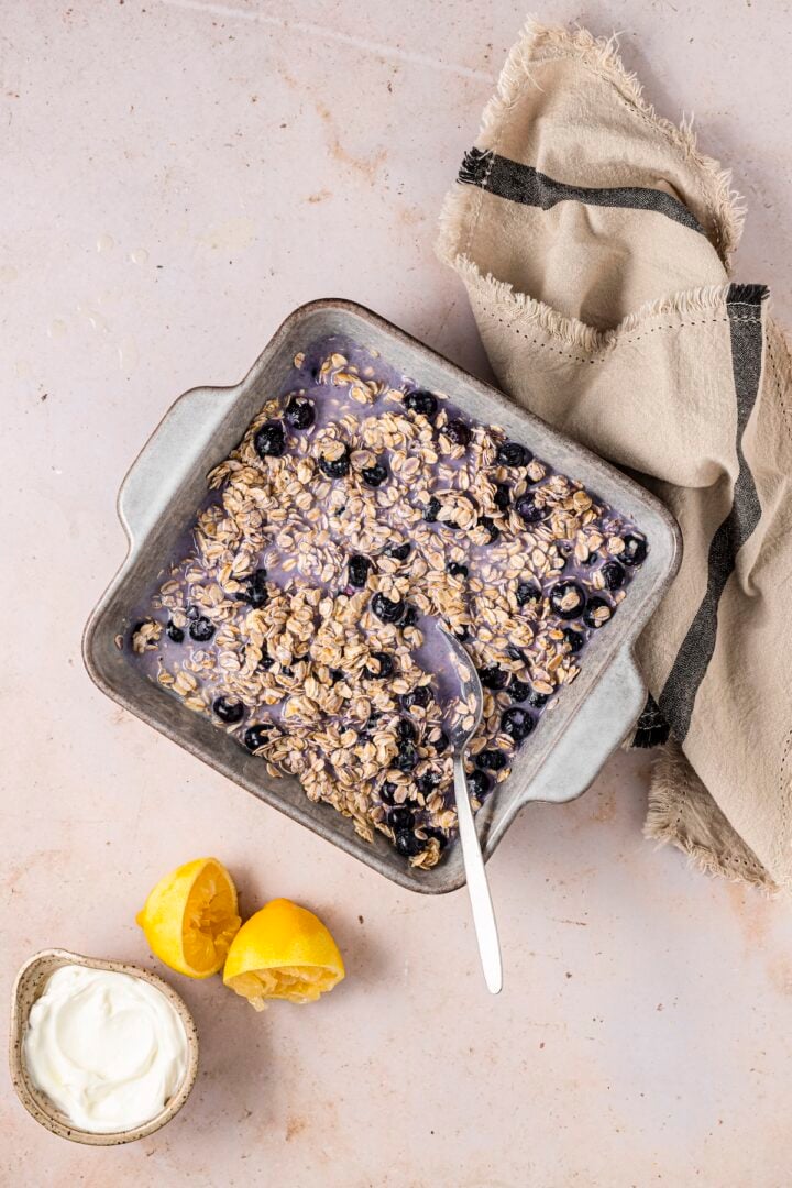 Lemon blueberry baked oats in a baking dish, raw