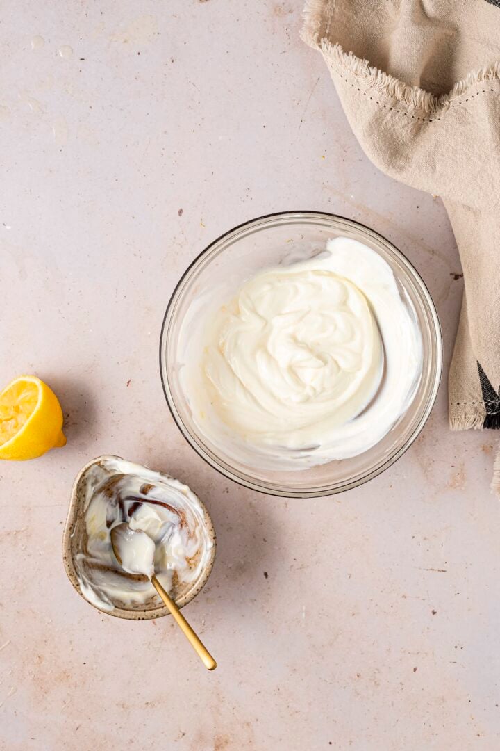 Lemon drizzle prepared in a small glass bowl
