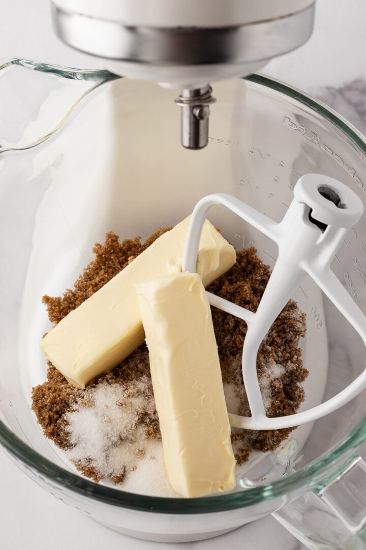 Butters and sugars creamed in a mixing bowl