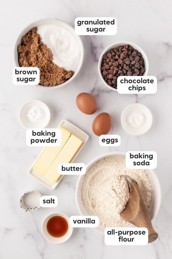 Labeled photo of ingredients in chewy chocolate chip cookies