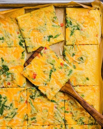 Sheet tray with sheet pan eggs cut into squares