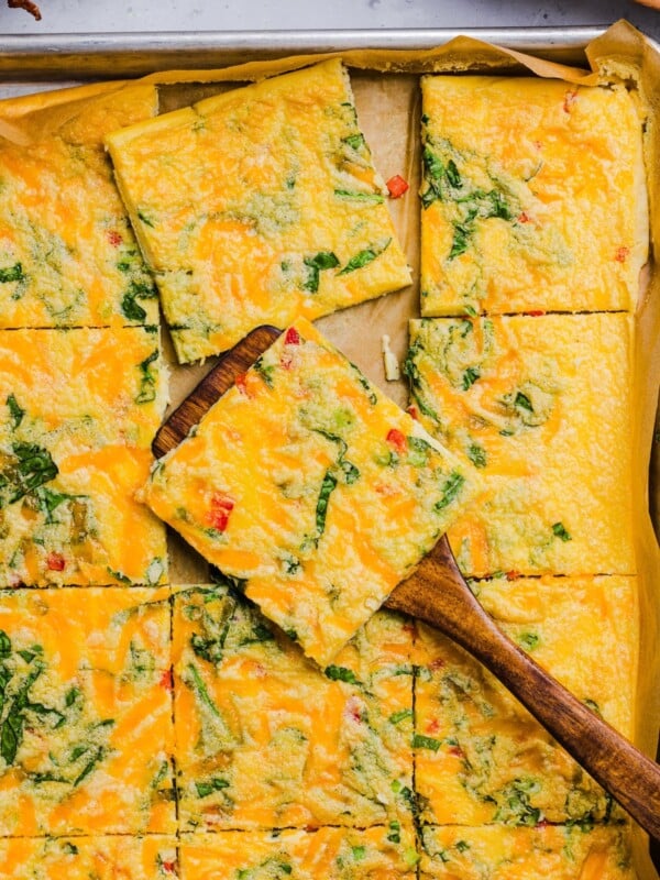 Sheet tray with sheet pan eggs cut into squares