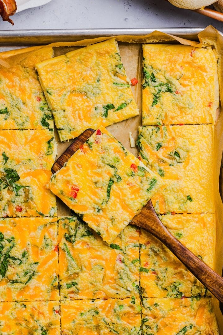 Sheet tray with sheet pan eggs cut into squares