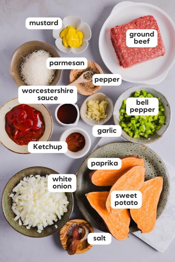 Labeled ingredient photo of sweet potato sloppy joes on a white marble kitchen counter