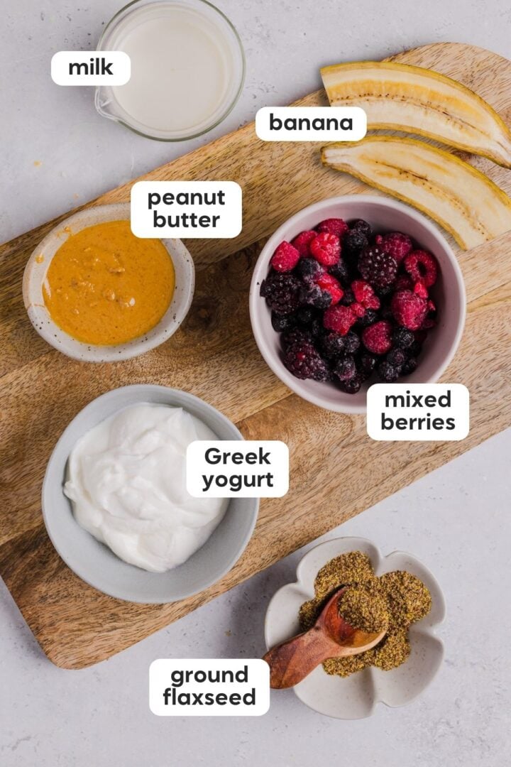 Labeled photo of ingredients in peanut butter berry smoothie