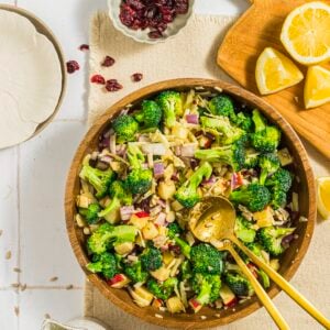 Overhead shot of broccoli crunch salad in a large mixing bowl