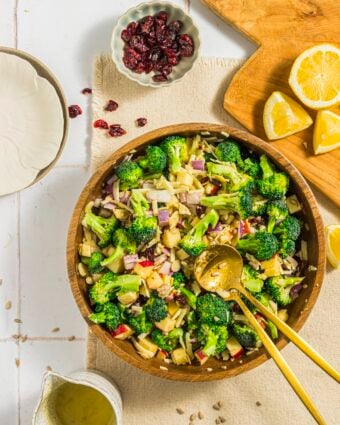 Overhead shot of broccoli crunch salad in a large mixing bowl