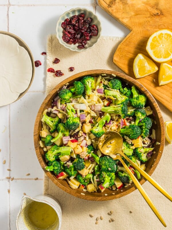 Overhead shot of broccoli crunch salad in a large mixing bowl