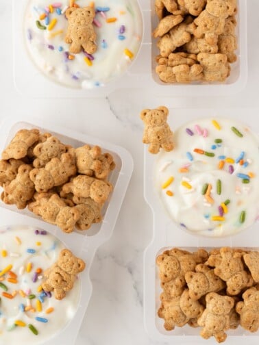 Dunkaroo dip served with teddy graham cookies in small containers