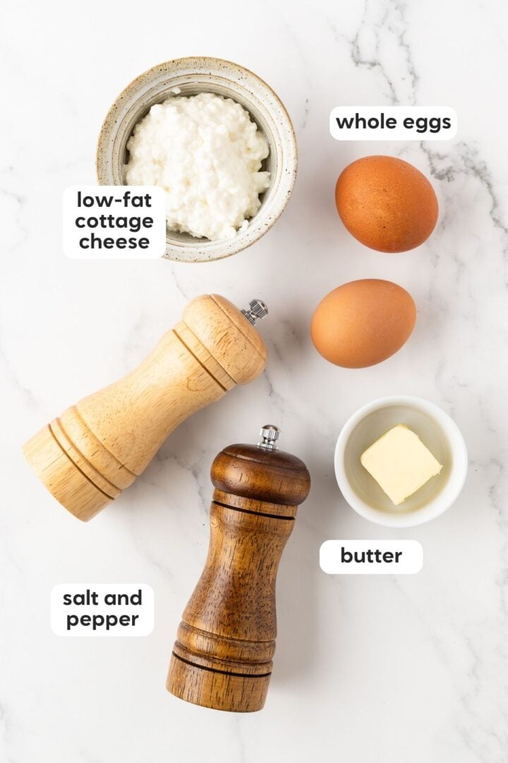 Labeled photo of ingredients for cottage cheese scrambled eggs