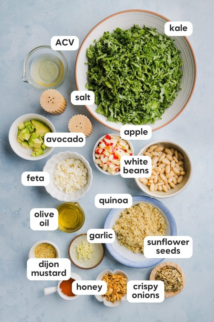 Labeled photo of ingredients for kale white bean salad, displayed in small bowls on a light blue marble counter.