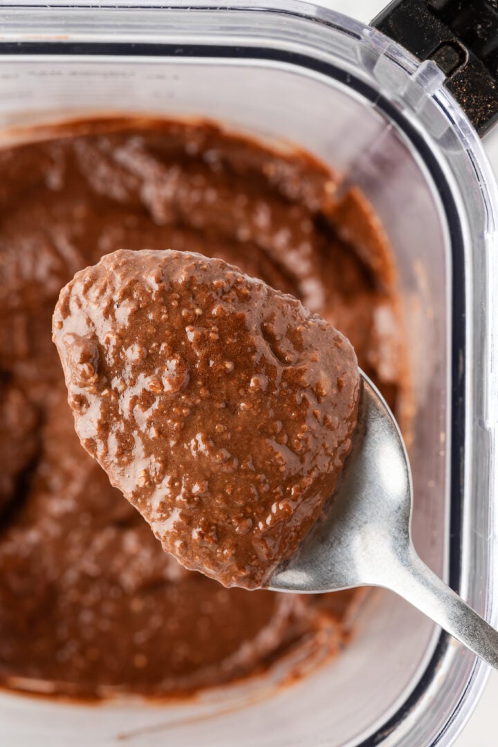 Batter for chocolate banana muffins in a blender.