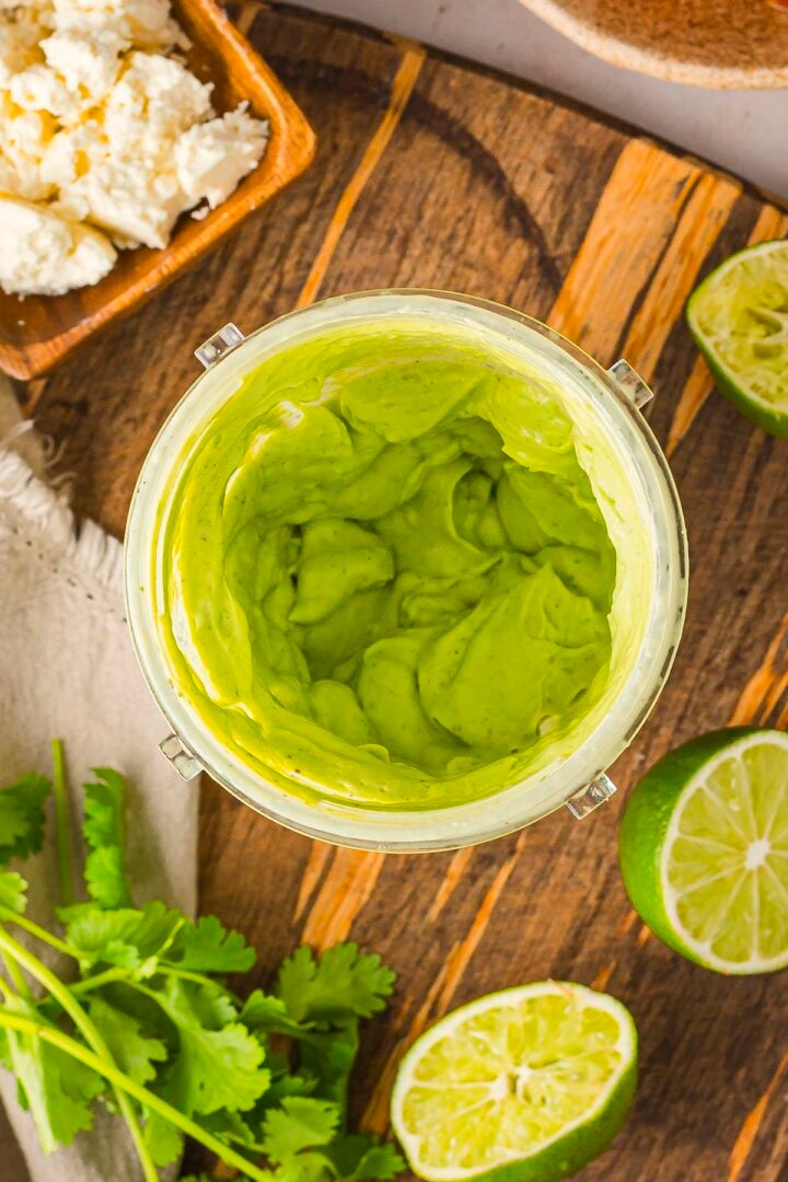 Cilantro lime dressing blended in a small blender.