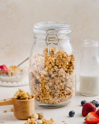 Peanut butter granola in a large glass jar.