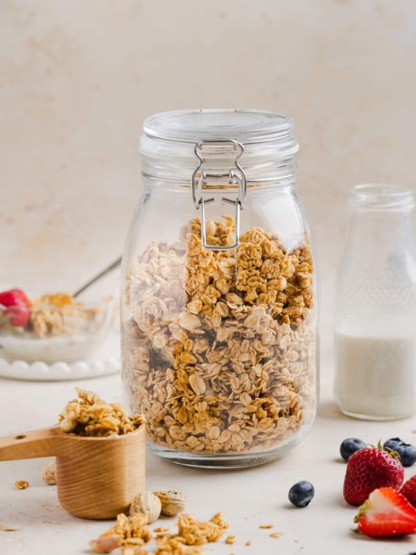 Peanut butter granola in a large glass jar.