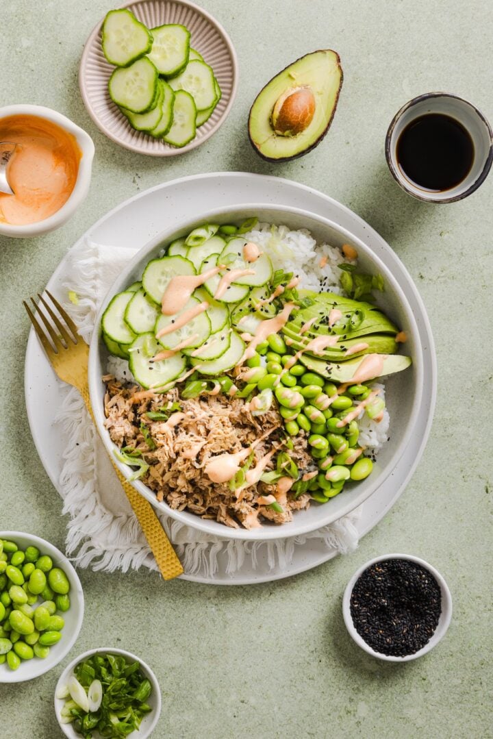 Tuna mayo rice bowl in a white bowl.