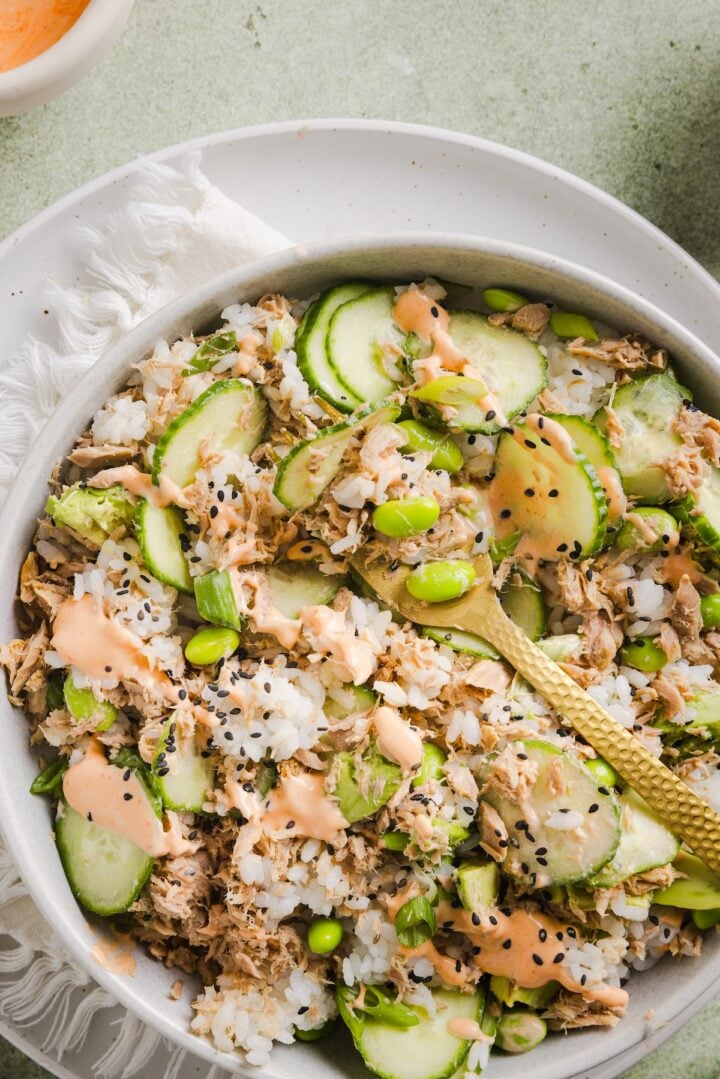 Tuna mayo rice bowl mixed in a white bowl.