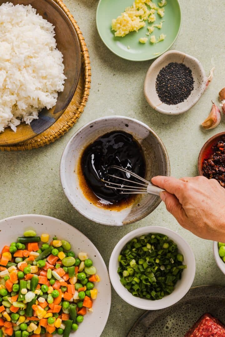 Asian-inspired sauce whisked in a small bowl.