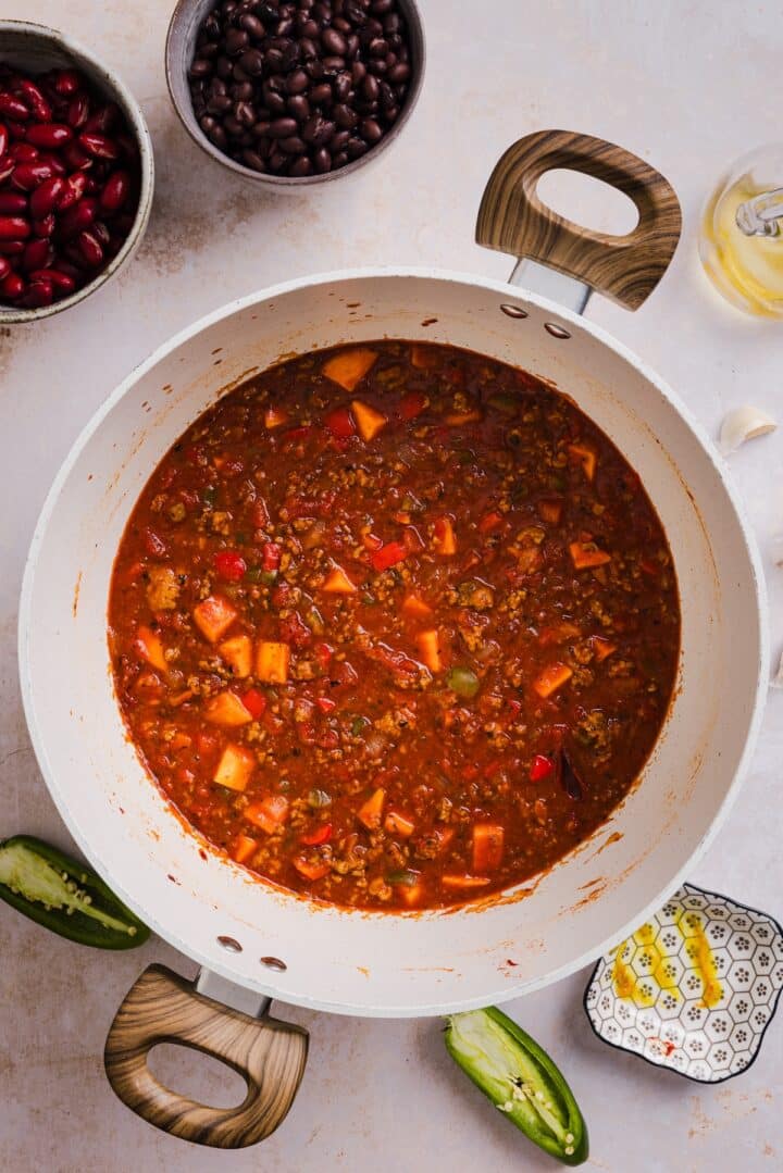 Chili simmering in a large pot.