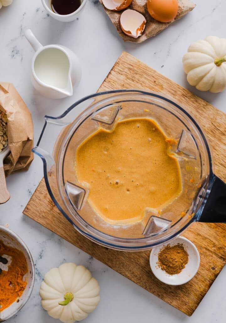 pumpkin pancake batter in a blender.