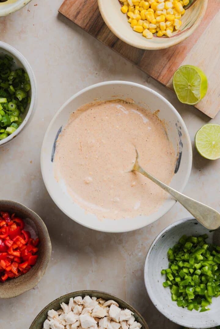 Southwest dressing in a small bowl with a spoon.