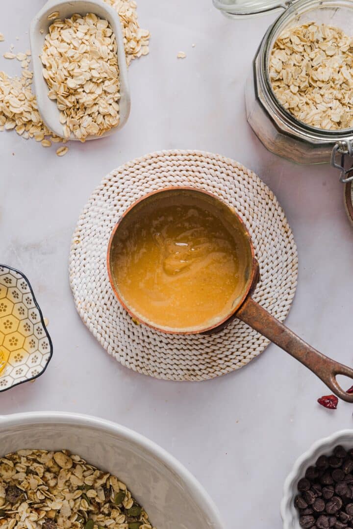 Peanut butter melted in a small sauce pan.