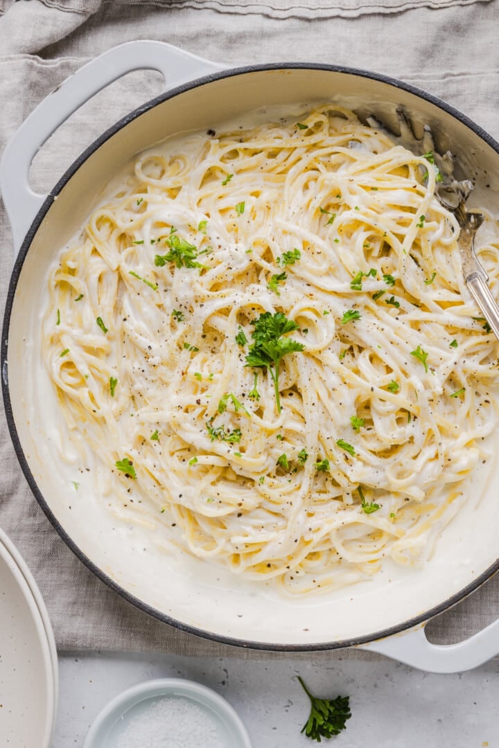 Cottage cheese alfredo pasta in a large white pot